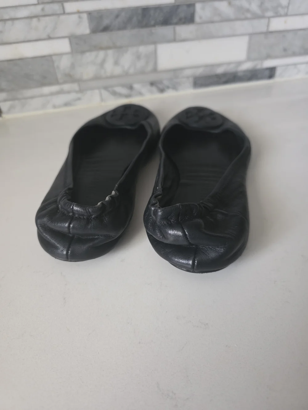 Tory Burch Black Leather Logo Ballet Flats